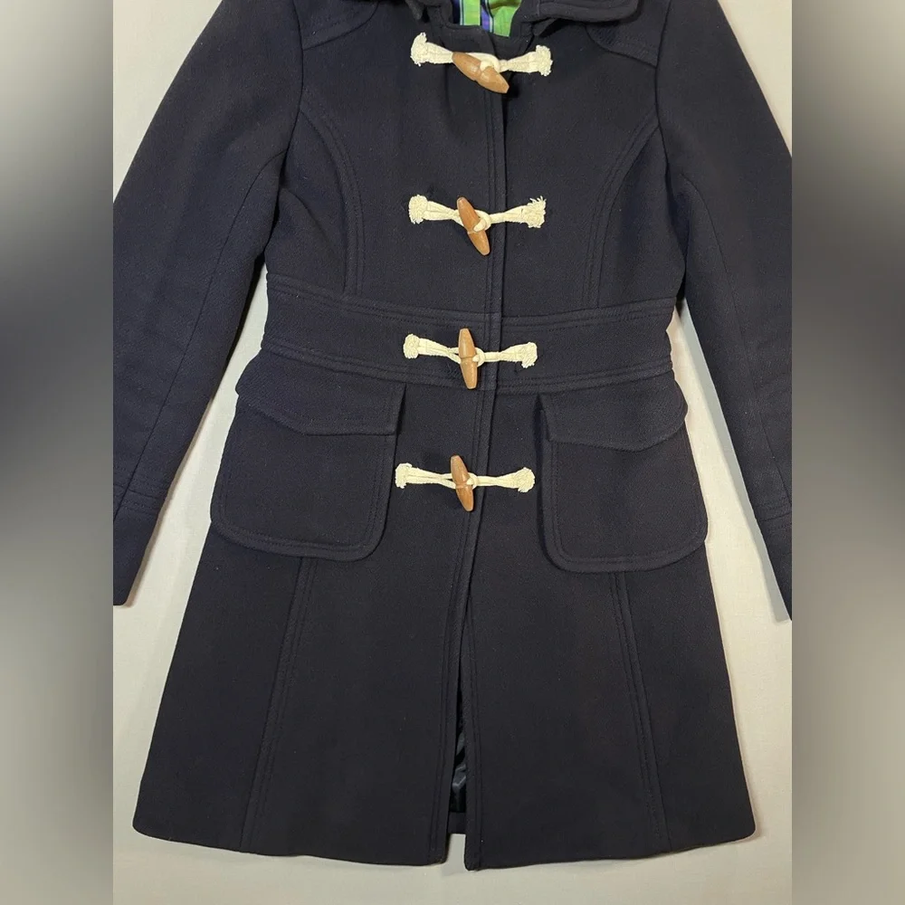 J Crew Duffle Coat, Removable Hood, Wood Toggles, Wool-Blend, Navy - Womens 4 - Picture 9 of 16